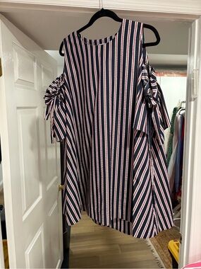 Navy Striped Cold-Shoulder Dress with Tie Sleeves